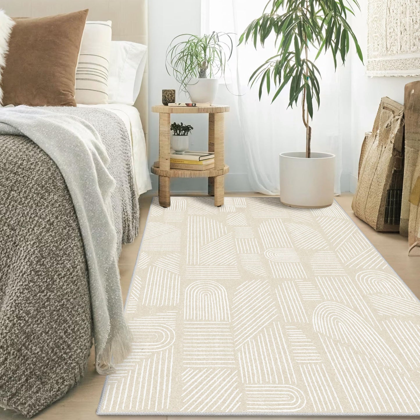 MUJOO 3x5 Washable Rug,Mid Century Modern Abstract Non Slip Low Pile Area Rug,Neutral Beige and White Rug for Living Room Bedroom Entryway