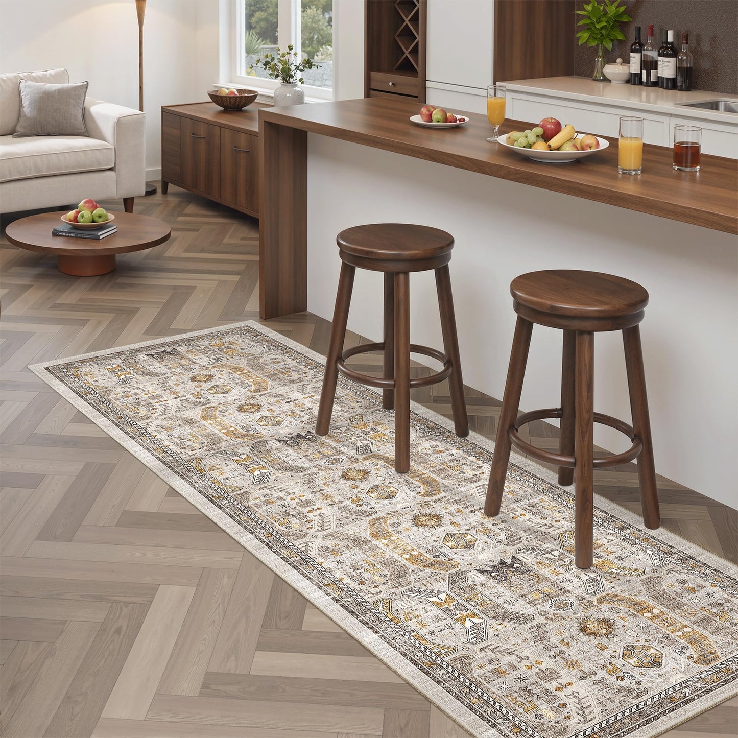 Madane Washable Runner Rug - 2x6 Rug Runners for Hallways 6 Feet Non Slip Vintage Kitchen Runner Rug Ultra-Thin Bathroom Runner Rugs Carpet Laundry Room Bedroom (2x6ft, Brown/Gold)