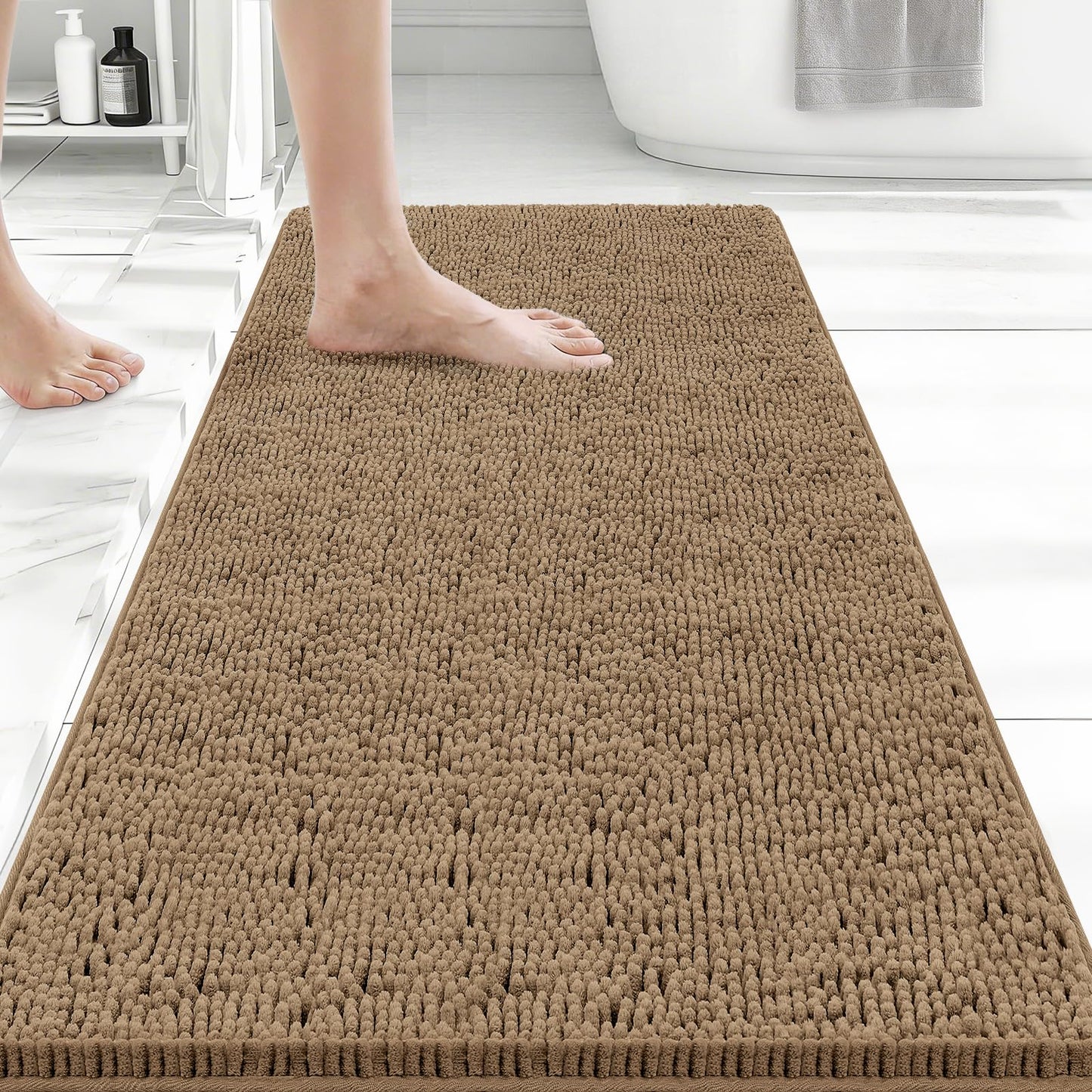 Bcoimo 44x24 Chenille Bath Mat – Non-Slip with Backing Bath Rug Ultra-Absorbent and Machine Washable Bathroom Mat Quick-Dry Design. Ideal for Bathroom Shower and Tub Areas