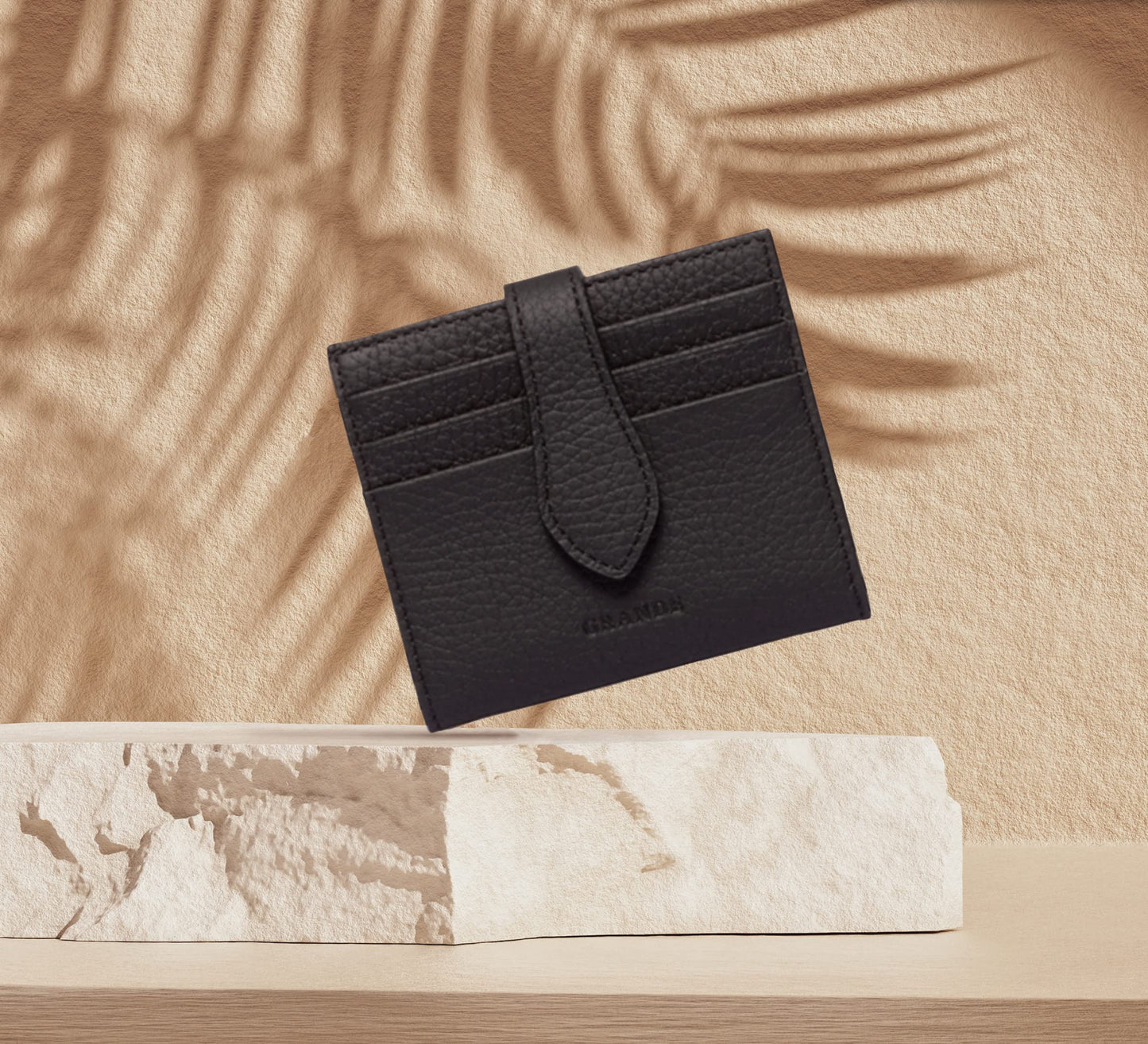 grande 3803 Genuine Leather Card Holder For Women and Men Slim Minimalist Card Case Small Snap Wallet (Black)
