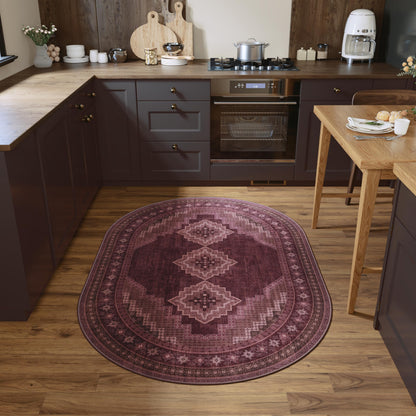 Clemile 4x6 Oval Rug - Washable Ultra-Thin Living Room Rug Vintage Non-Slip Carpets - Soft & Stain Resistant Rug for Kitchen Bedroom Dining Room Living Room Red Burgundy
