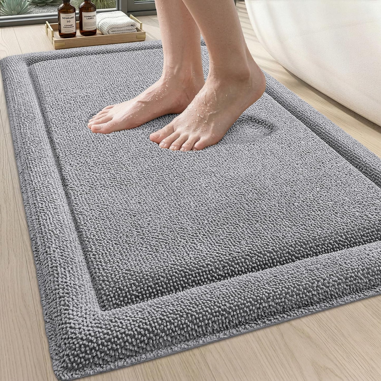 DEXI Memory Foam Bath Mat 32x20, Soft Absorbent Chenille Bathroom Rug, Non Slip Quick Dry Bath Mats for Bathroom, Thick Plush Floor Carpet for Tub Shower, Sink, Light Grey