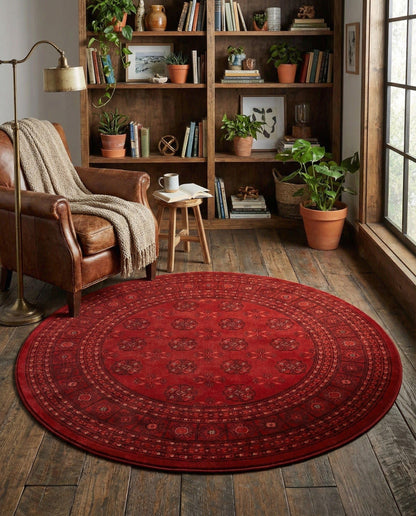 Rugs.com Bokhara Collection Rug – 5 Ft Round Red Medium-Pile Rug Perfect for Kitchens, Dining Rooms