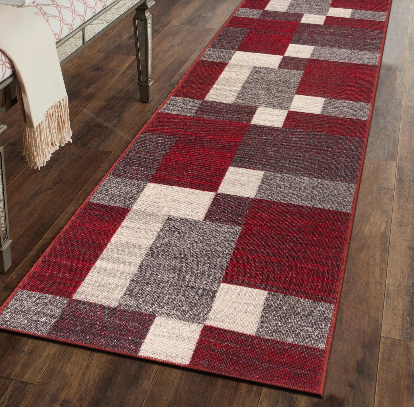 Rugshop Red Modern Geometric Boxes Non-Slip Area Rug Non-Shedding for Hallway, Entryway and Kitchen, 2' x 7'2" (22" X 84")