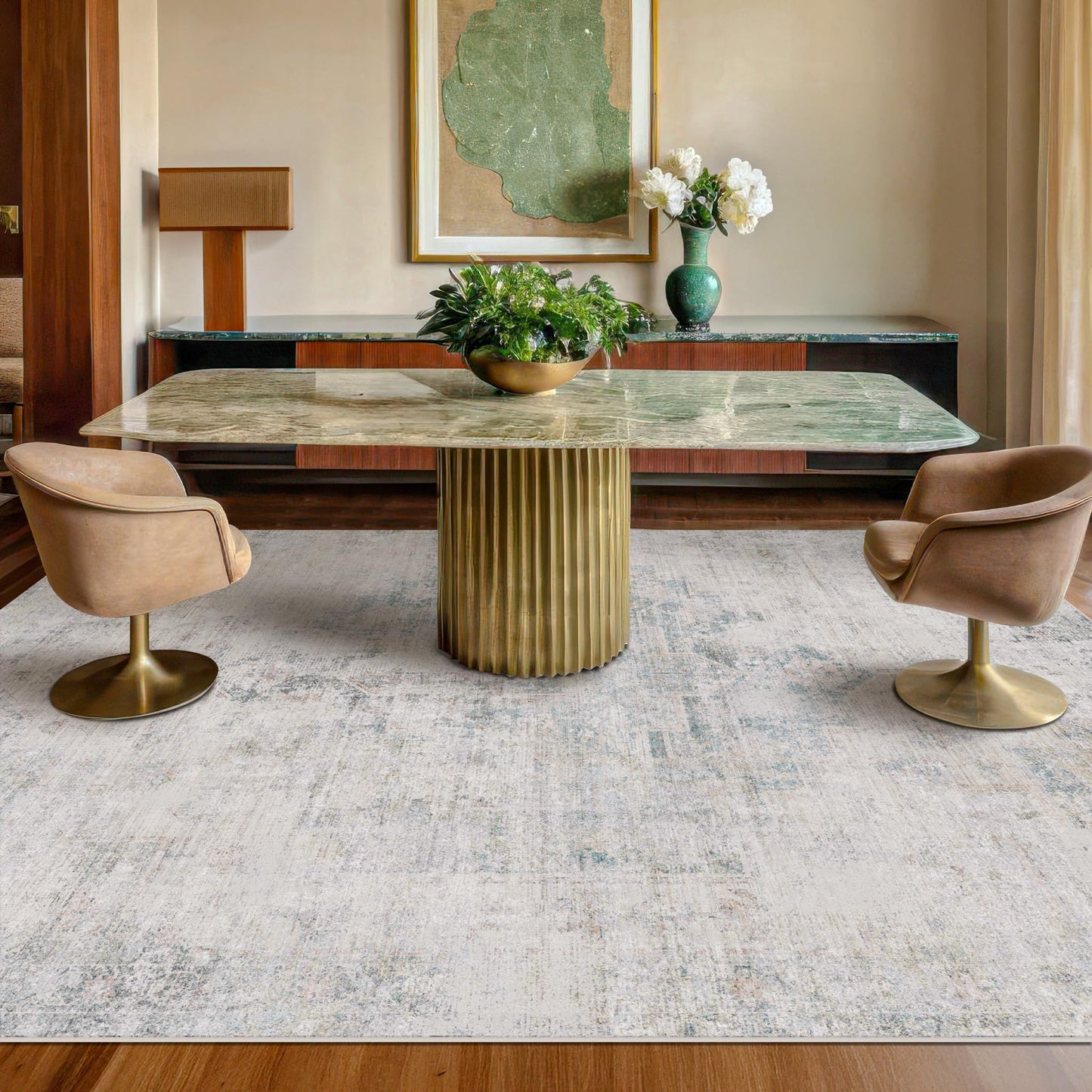Hazo Haus Blue Abstract Rug for Dining Room - 5x8 Modern Area Rug for Home Office, Foyer, Bedroom, Low Pile & Lightweight