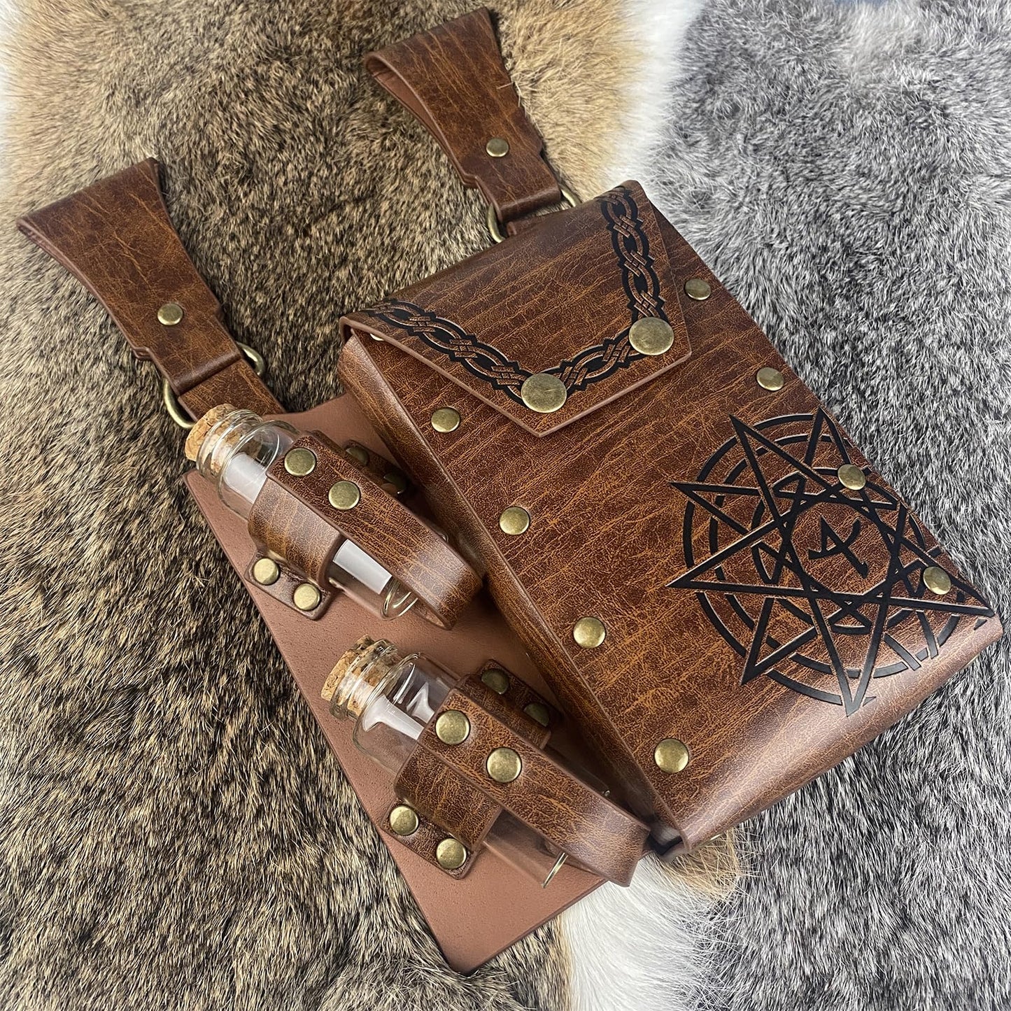 EpicCos 3 PCs Medieval Alchemy Belt Waist Pack Combo with Multiple Potion Bottles, Viking Rivet Belt Side Pouch for Cosplay (Brown D)