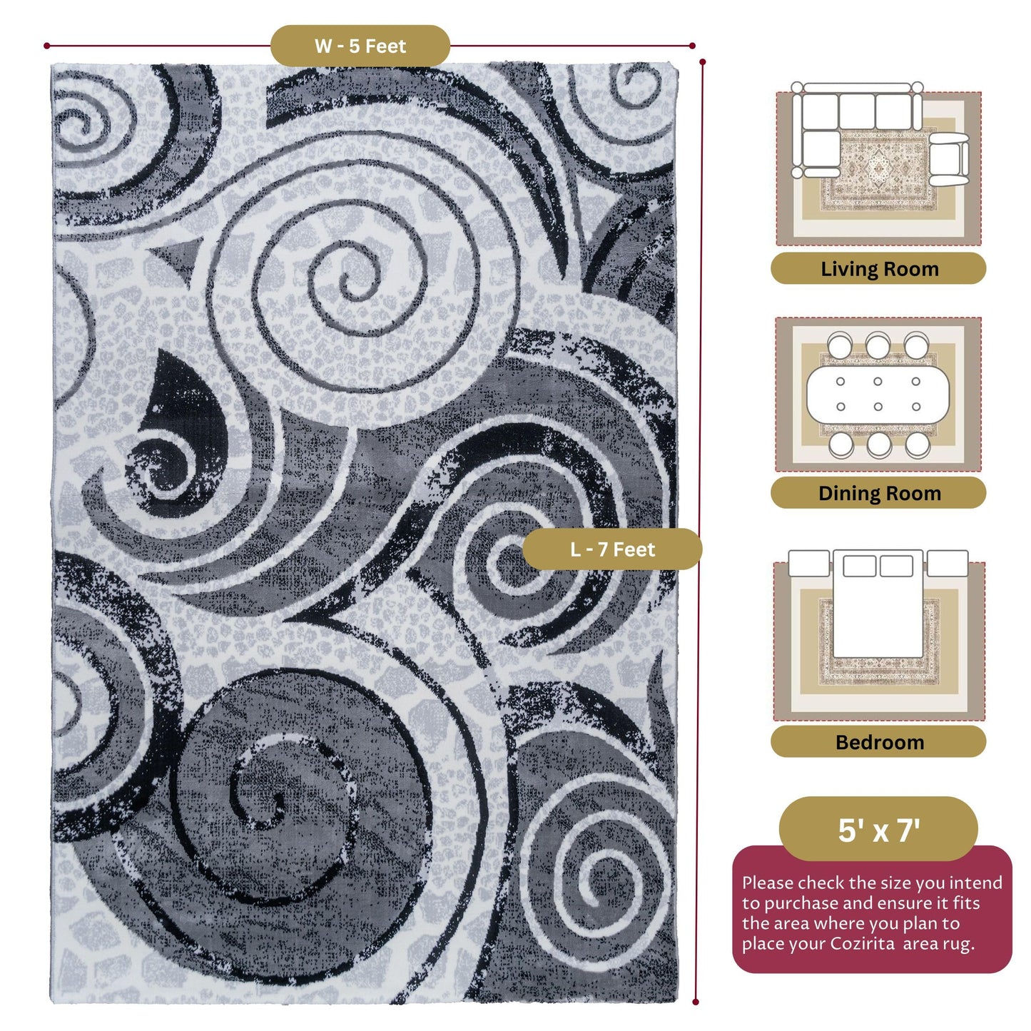 CoziRita 5x7 Modern Abstract Area Rug for Living Room, Soft Medium Pile Carpet, Non-Shedding Easy Care, High Traffic Floor Rug, Family Friendly, Pet Friendly, Designed for Real Homes - Gray Swirl