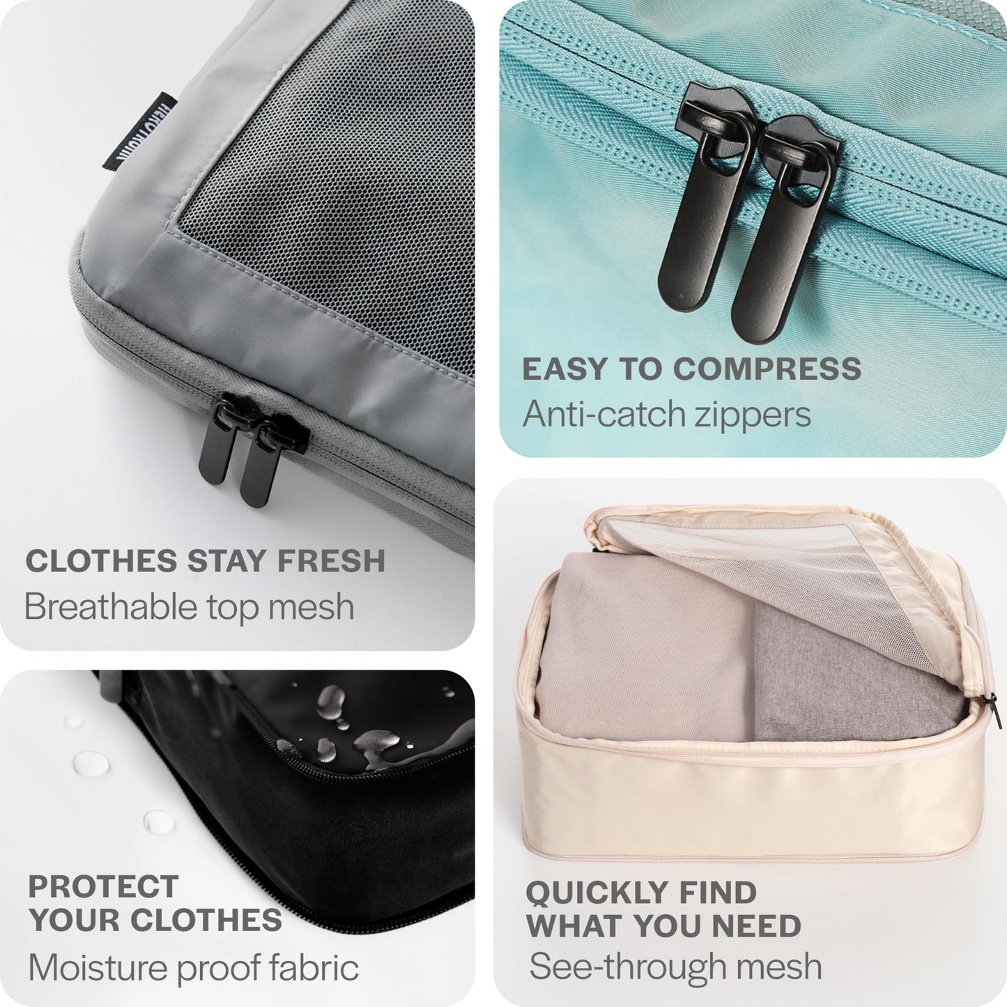 Aerotrunk Compression Packing Cubes for Travel - Luggage Organizer Bags - Double Zipper Packing Cubes for Suitcases (4-Pack, Light Grey)