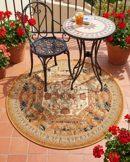 Rugs.com - Outdoor Traditional Rug – 3 Ft Round Black Gold Brown Indoor/Outdoor Rug – Weather-Resistant Flatweave for Patio, Deck, and Porch