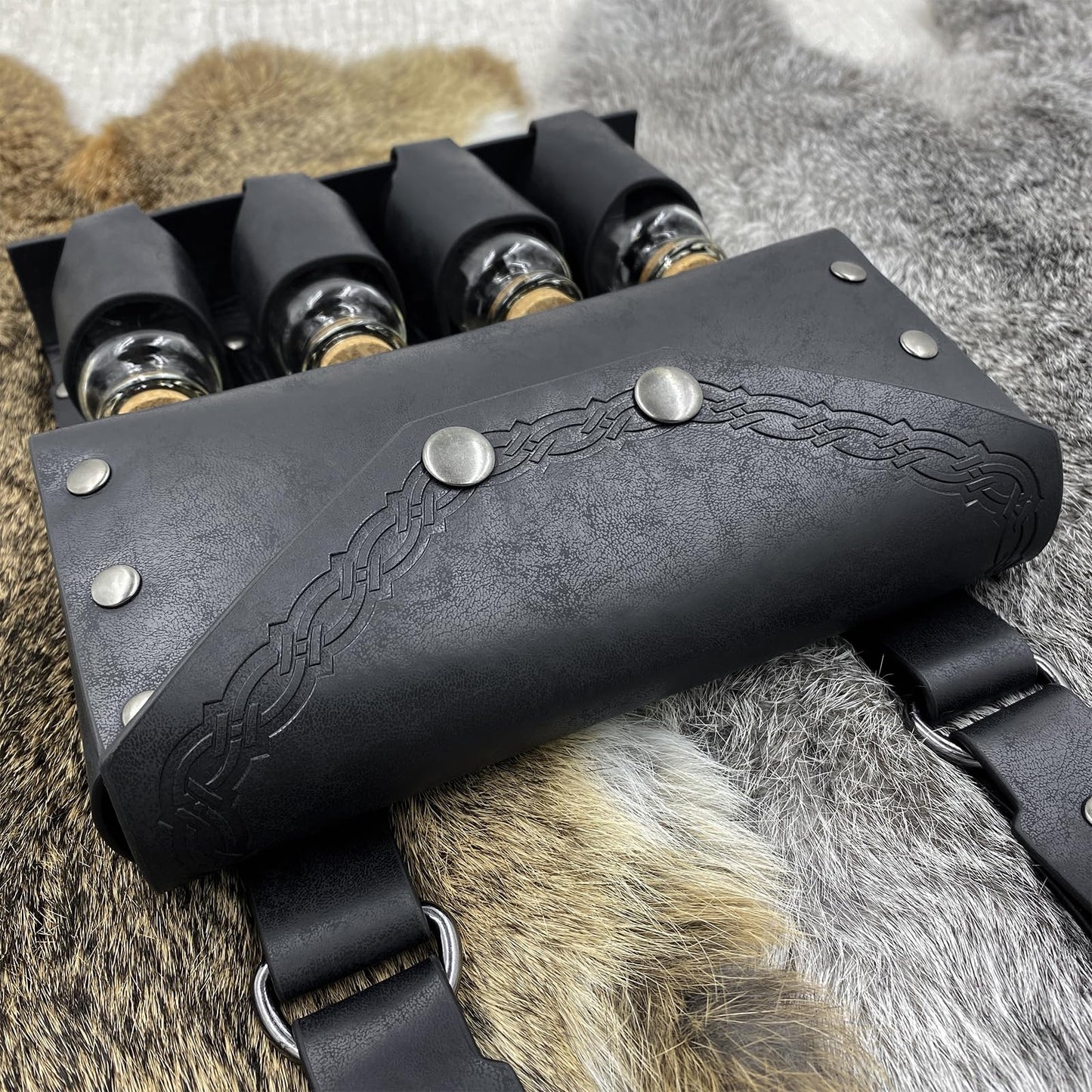 HiiFeuer Medieval Alchemy Faux Leather Belt Bag with 4 Cork Potion Vials, Fantasy Wizard Waist Pouch Side Pack for Ren Faire (Black A)