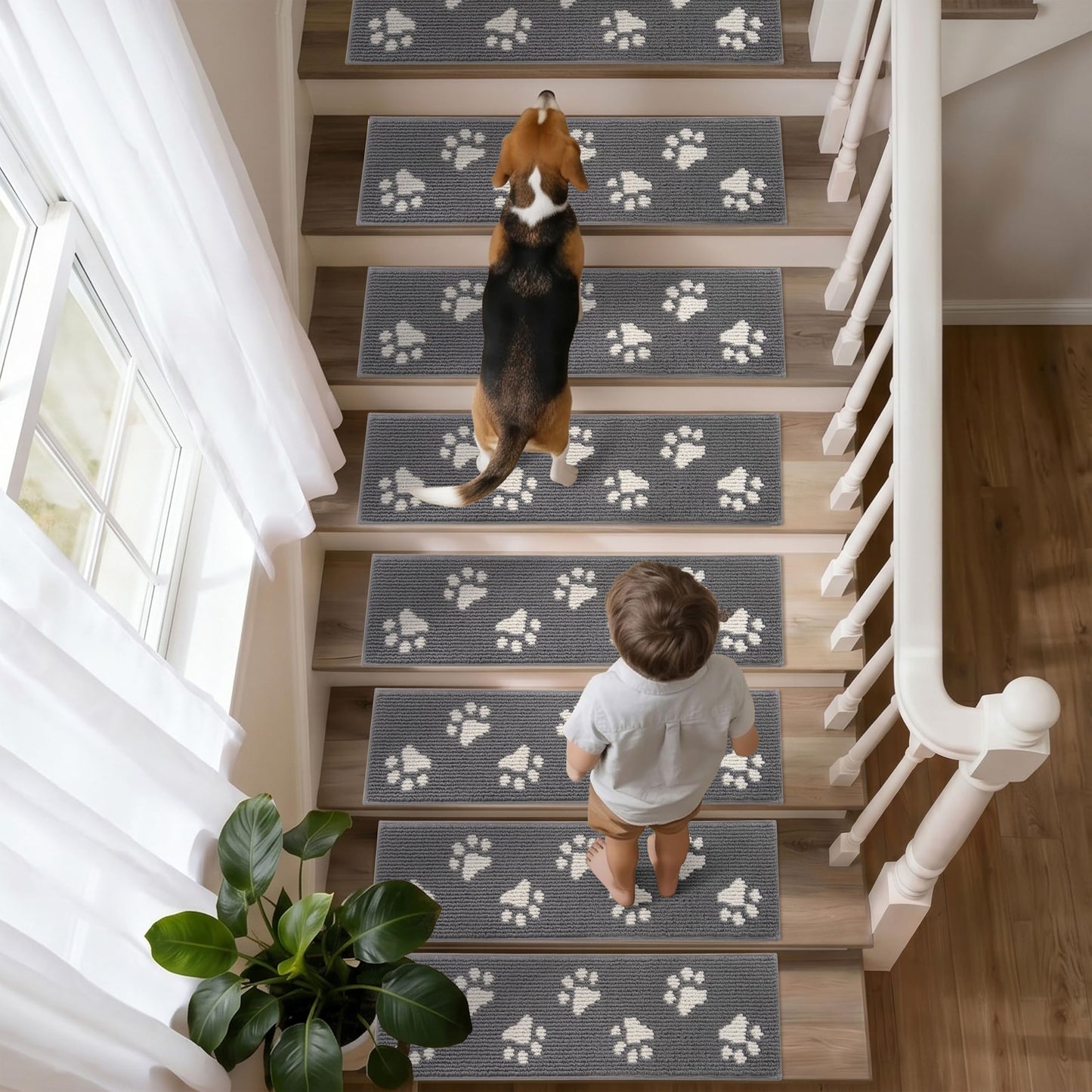 DEXDE Stair Treads for Wooden Steps Non-Slip 15pcs, 30"x8" Washable Stair Runners with Cat Paw Pattern, Non-Skid Safety Carpet Mats for Dogs and Kids, Reusable Indoor Stair Rugs for Home, Grey