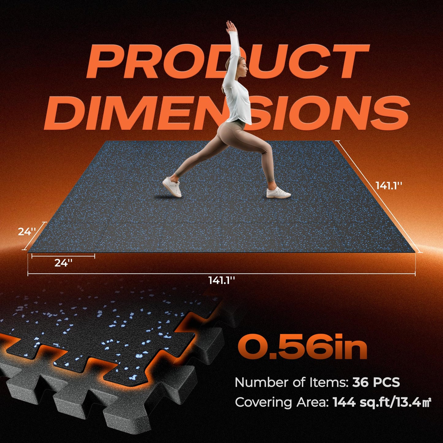 SUPERJARE 0.56'' Thick 36 Pcs 144 Sq Ft Rubber Top Exercise Equipment Mats, High Density EVA Foam Mats with Rubber Top, Interlocking Gym Flooring for Home Gym, Protective Workout Mat, Black/Blue