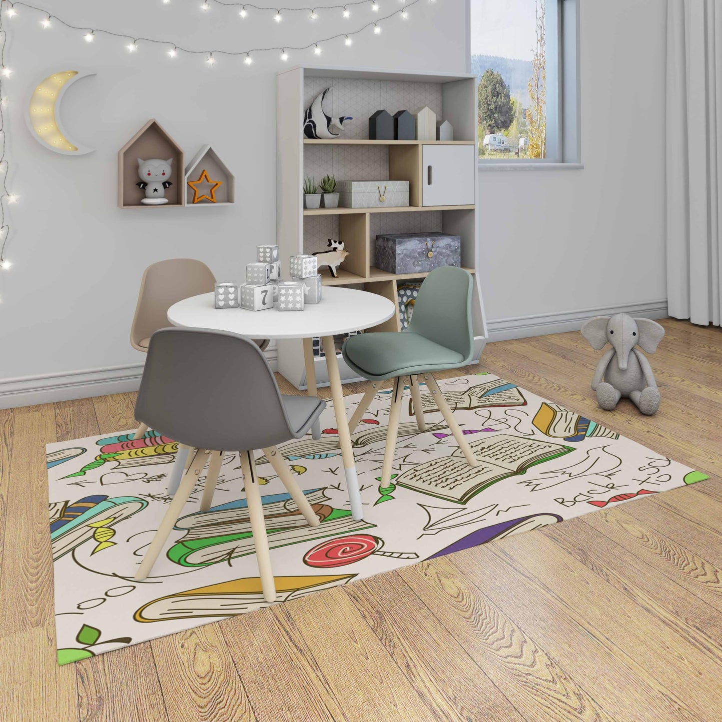 LOKMU Non-Slip Area Rugs Library Comic Doodle of Books Reading Home Decor Rugs Carpet for Classroom Living Room Bedroom Dining Kindergarten Room 5'x7'