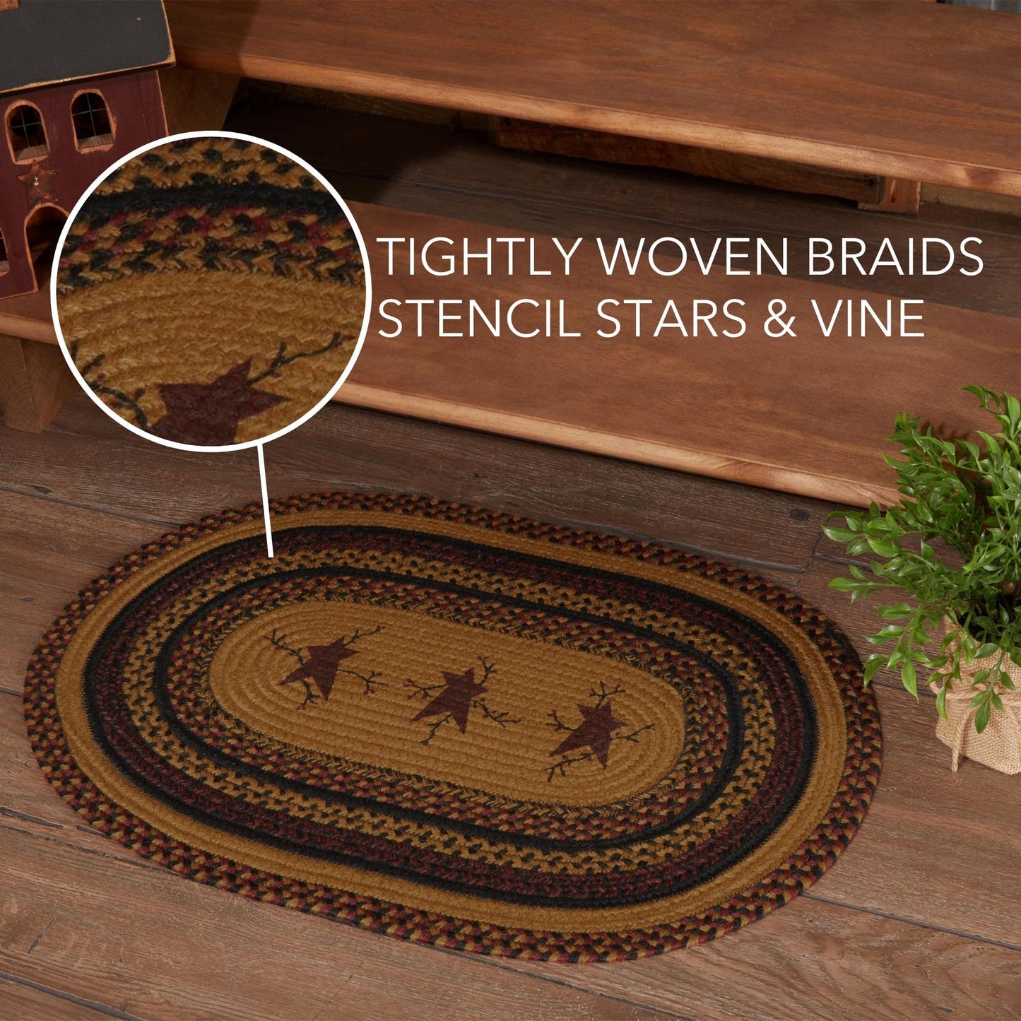 VHC Brands Heritage Farms Primitive Star and Pip Jute Yellow Stenciled Accent Rug Oval w/Pad 20"x30"
