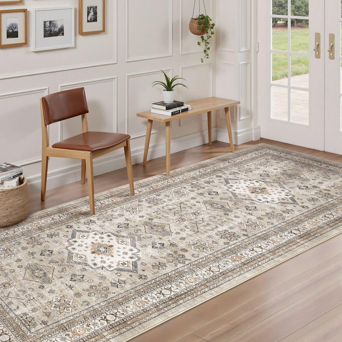 Vintage Hallway Runner Rug 3x8: Large Soft Washable Entryway for Kitchen Laundry Room Non-Slip Backing Runner for Entrance Living Room Bedroom Bathroom - Beige