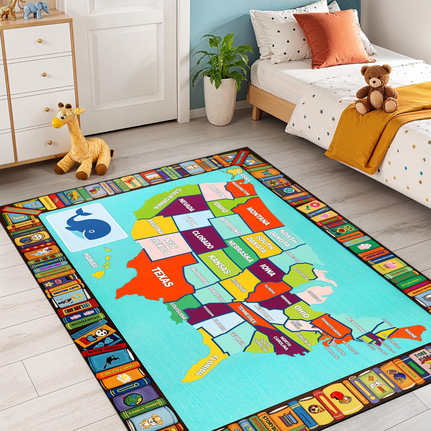 Kids USA Map Educational Rug 3x5 ft New Material, United States Learning Play Mat for Children, Non Slip Washable Colorful Geography Map Carpet for Playroom Classroom Bedroom