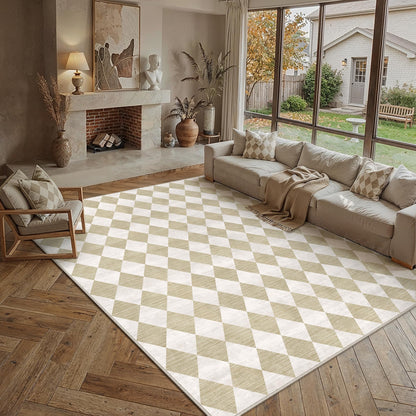 WondRg 8x10 Checkered Beige Area Rug for Living Room Bedroom Washable Soft Modern Non Slip Large Throw Rug Lightweight Low Pile Neutral Carpet Dining Room Office Classroom Nursery Playroom