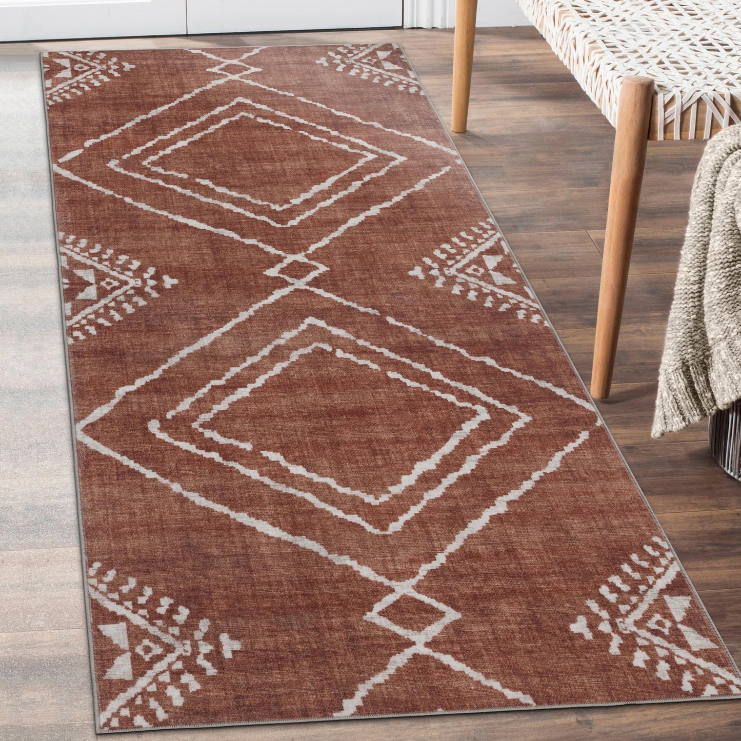 ReaLife Rugs Machine Washable Area Rug Runner - Living Room Bedroom Bathroom Kitchen Entryway Office - Padded Low Pile Stain Resistant Premium - Moroccan Diamond Tribal - Jax - Orange 2'6" x 8'