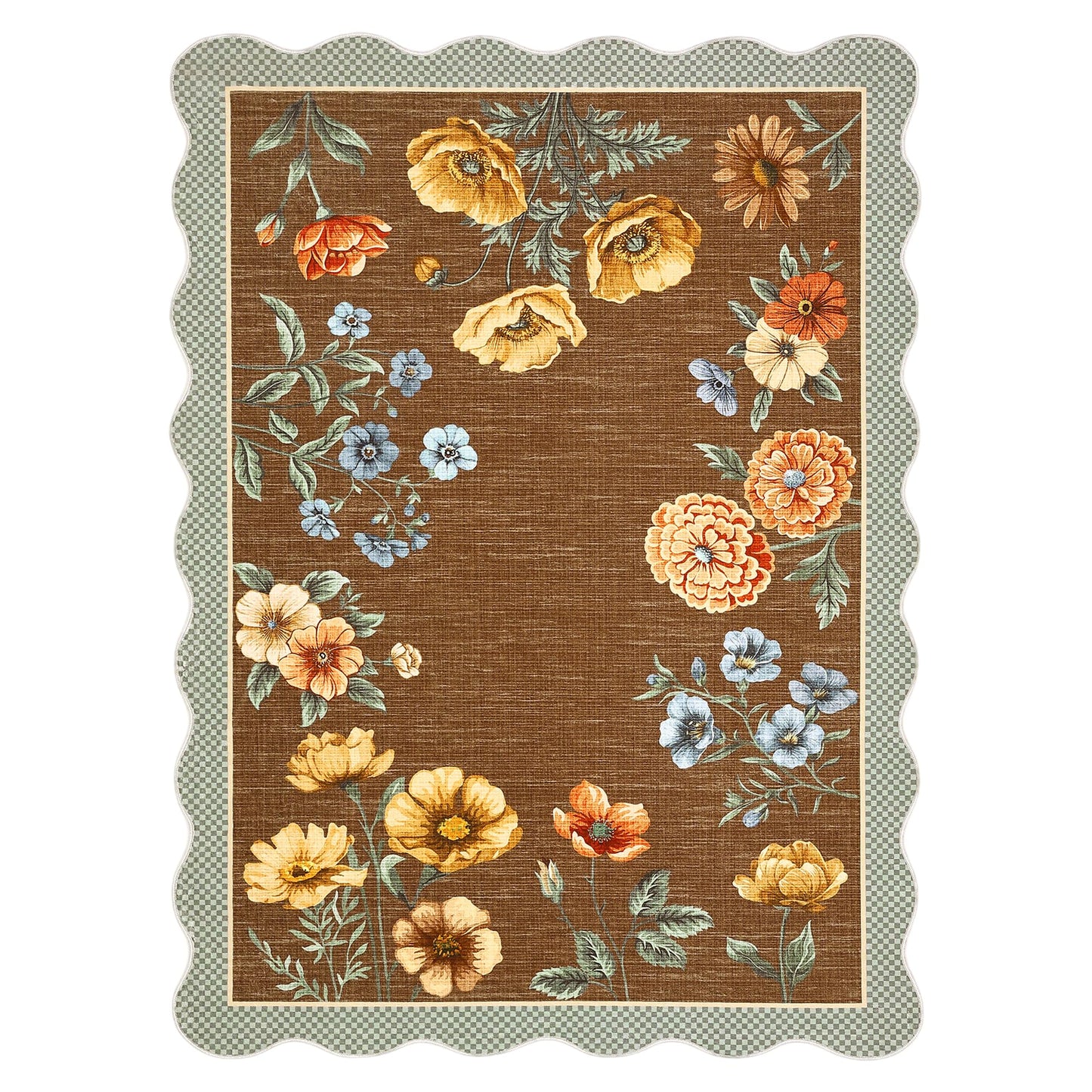 GarveeHome Floral Scalloped Washable Rugs 8x10, Non-Slip Low Pile Living Room Rugs 8x10, Soft Bedroom Rug Stain Resistance Boho Botanical Brown Rug with Rubber Back for Dining Room, Coffee