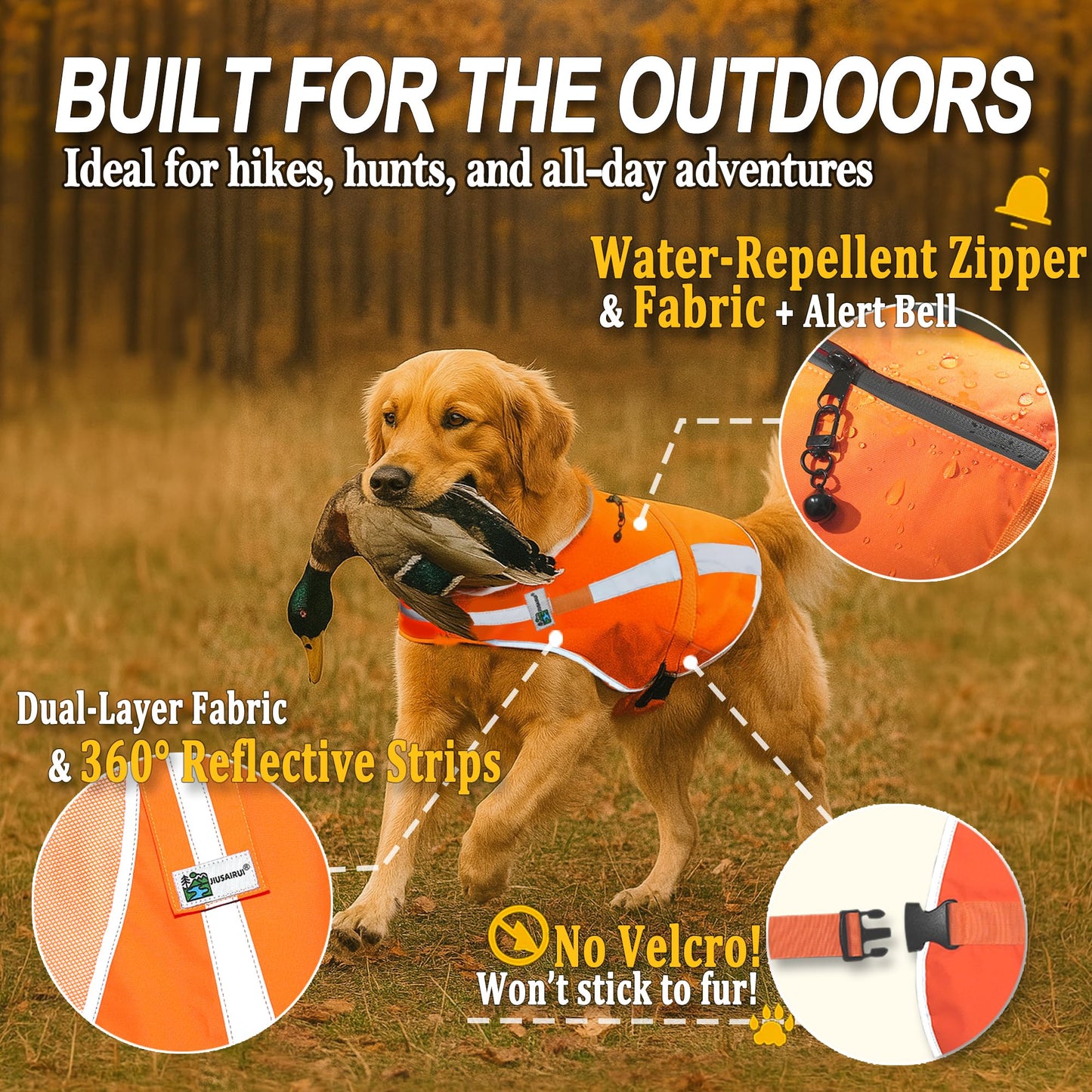 Reflective Dog Hunting Vest – Blaze Orange Safety Vest with Removable Bell, Waterproof and Lightweight (S)