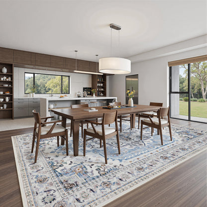 KENODITAN 9x12 Area Rug Living Room Rugs, Stain Resistant Washable Rug, Vintage Large Non-Slip Backing, Low Pile Lightweight Print Rug for Bedroom Dinning Room Home Office (White/Blue)