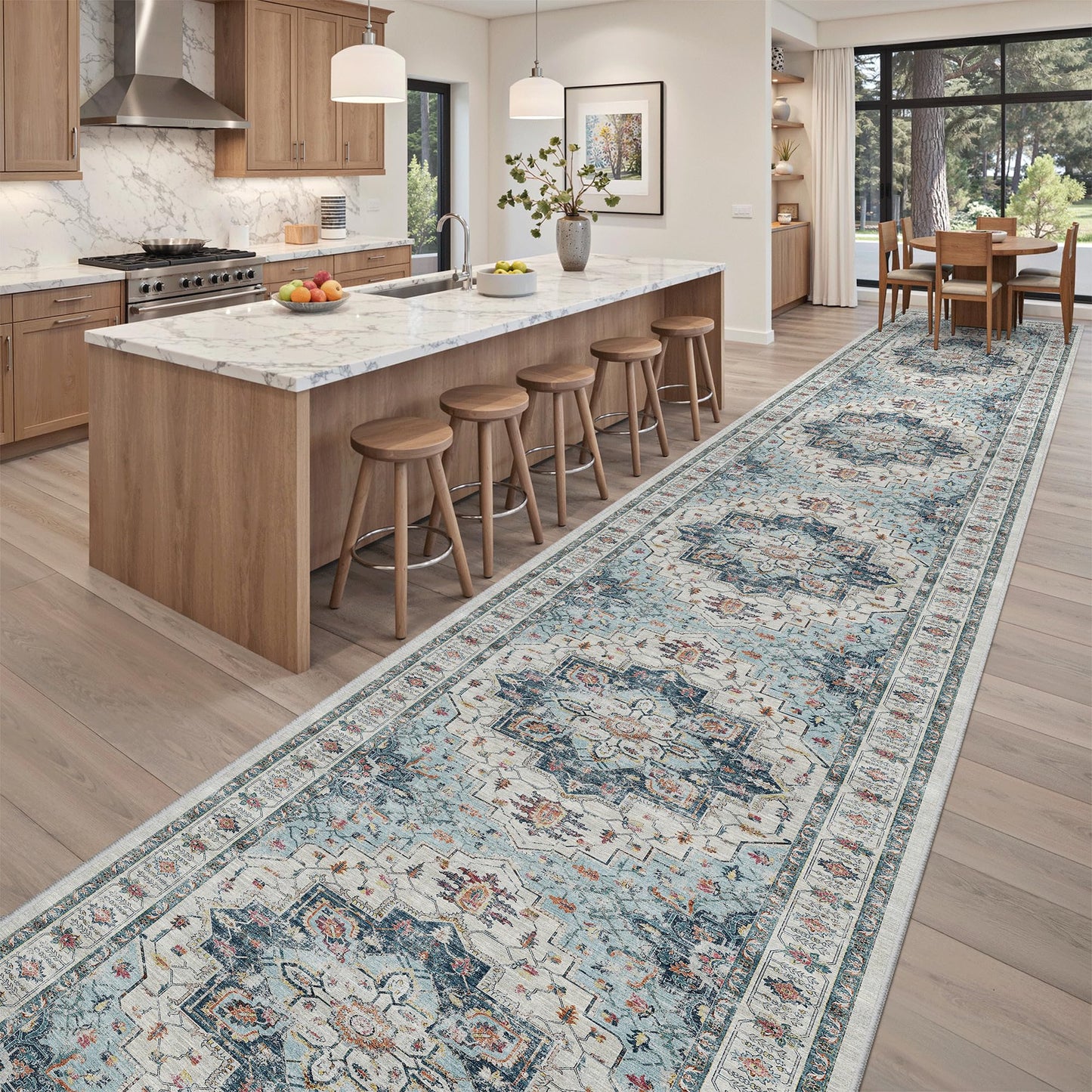 Madane 3x20 Hallway Runner Rug - Extra Long Carpet Runners for Hallways 20ft Non Slip Stain Resistant Rugs Runner for Living Room Bedroom 20 Feet Distressed Floor Carpet for Kitchen, Blue