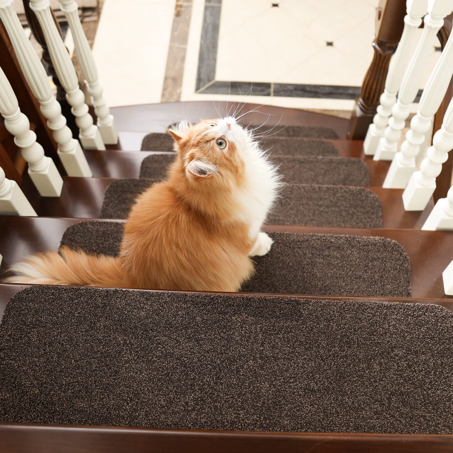 COSY HOMEER Stair Treads Non-Slip 15pcs Carpet Mat 28inX9in Indoor Stair Runners for Wooden Steps, Stair Rugs for Kids and Dogs, 100% Polyester TPE Backing Brown Protect Floor