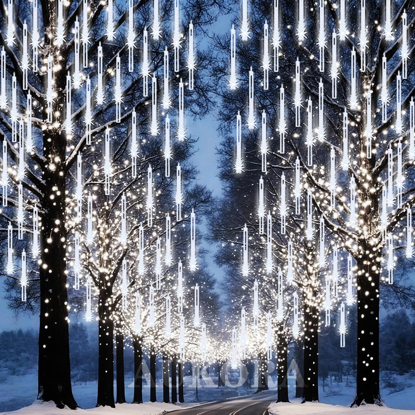 Aukora Christmas Lights Outdoor Meteor Shower Falling Rain Lights 12 inch 8 Tubes 192LED Snowfall Cascading Icicle String Light for Xmas Tree Decor Wedding Party Holiday Window Garden, UL Plug, White