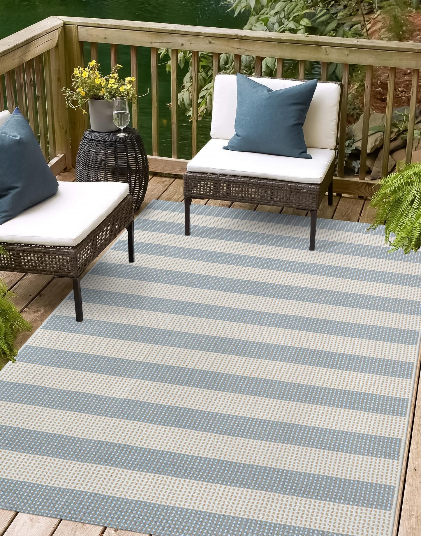 LEEVAN Striped Outdoor Rug 4x6, Washable Front Porch Rug, Spring Plaid Door Mats Outside Entrance, Blue White and Tan Entryway Floor Mat, Buffalo Woven Patio Layered Mat for Entrance/Deck/Camping