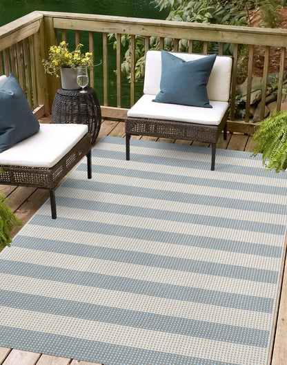 LEEVAN Striped Outdoor Rug 4x6, Washable Front Porch Rug, Spring Plaid Door Mats Outside Entrance, Blue White and Tan Entryway Floor Mat, Buffalo Woven Patio Layered Mat for Entrance/Deck/Camping