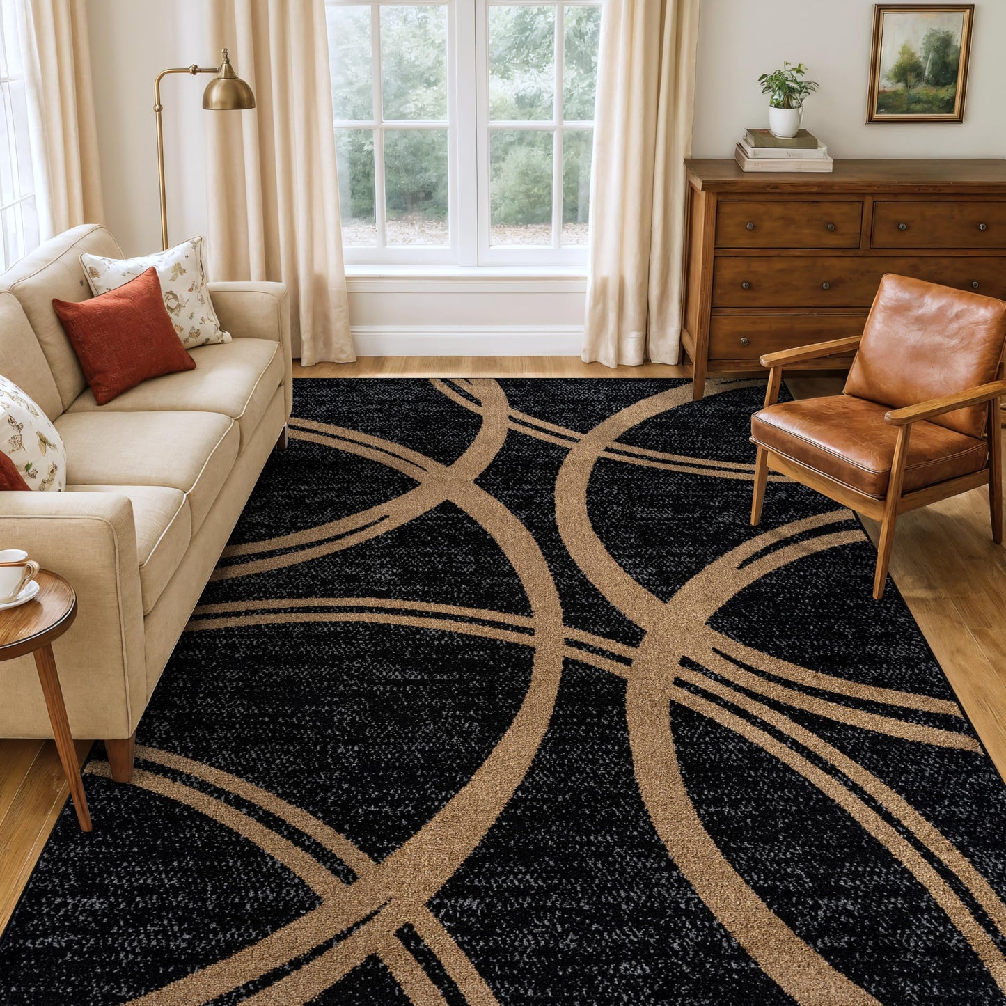 Rugshop Modern Wavy Circles Design Non-Shedding Area Rug, Carpet for Living Room, Dining Room, or Office,Grand Room,Open Spaces 5'3" x 7'3" Camel