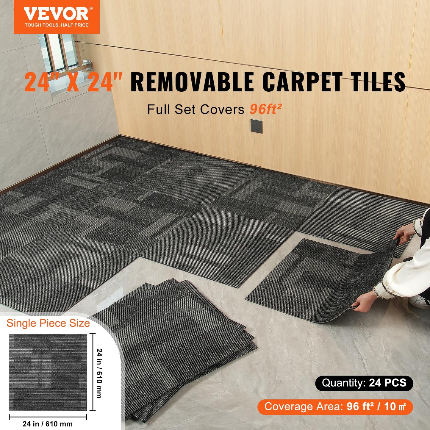 VEVOR Carpet Tiles Reusable, 24 PCS, 24"x 24", Squares Soft Padded Carpet, Carpet Floor Tiles Easy DIY for Bedroom Living Room Indoor Outdoor (Mixed Gray, 96 sqft/Box)