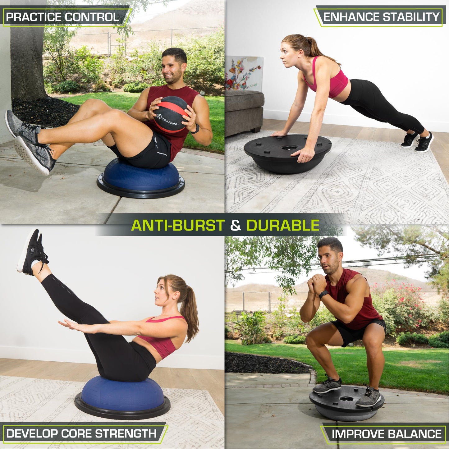 ProsourceFit Balance Trainer Stability Exercise Half Ball with Resistance Bands and Pump for Yoga Aerobics Home Gym Workout, Gray