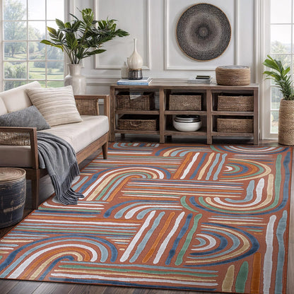 CAMILSON Indoor Outdoor Rug, Orange 5x7 Geometric Arch Striped Area Rugs for Patio and Home Areas, Easy-Cleaning Non-Shedding Living Room, Garden and Deck Washable Outside Carpet (5 x 7)