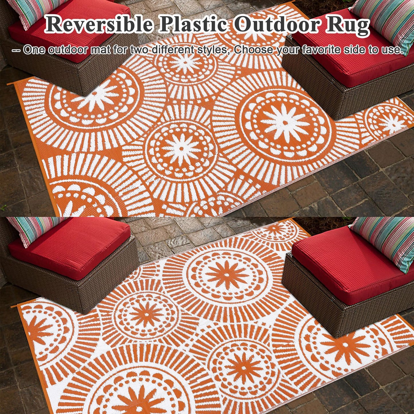 Ileading Outdoor Plastic Straw Rug 6x9ft Modern Geometric Style Reversible Patio Area Rugs Waterproof Non Shedding Portable Carpets for Rv Outside Deck Pool Beach Picnic Camping (Orange)
