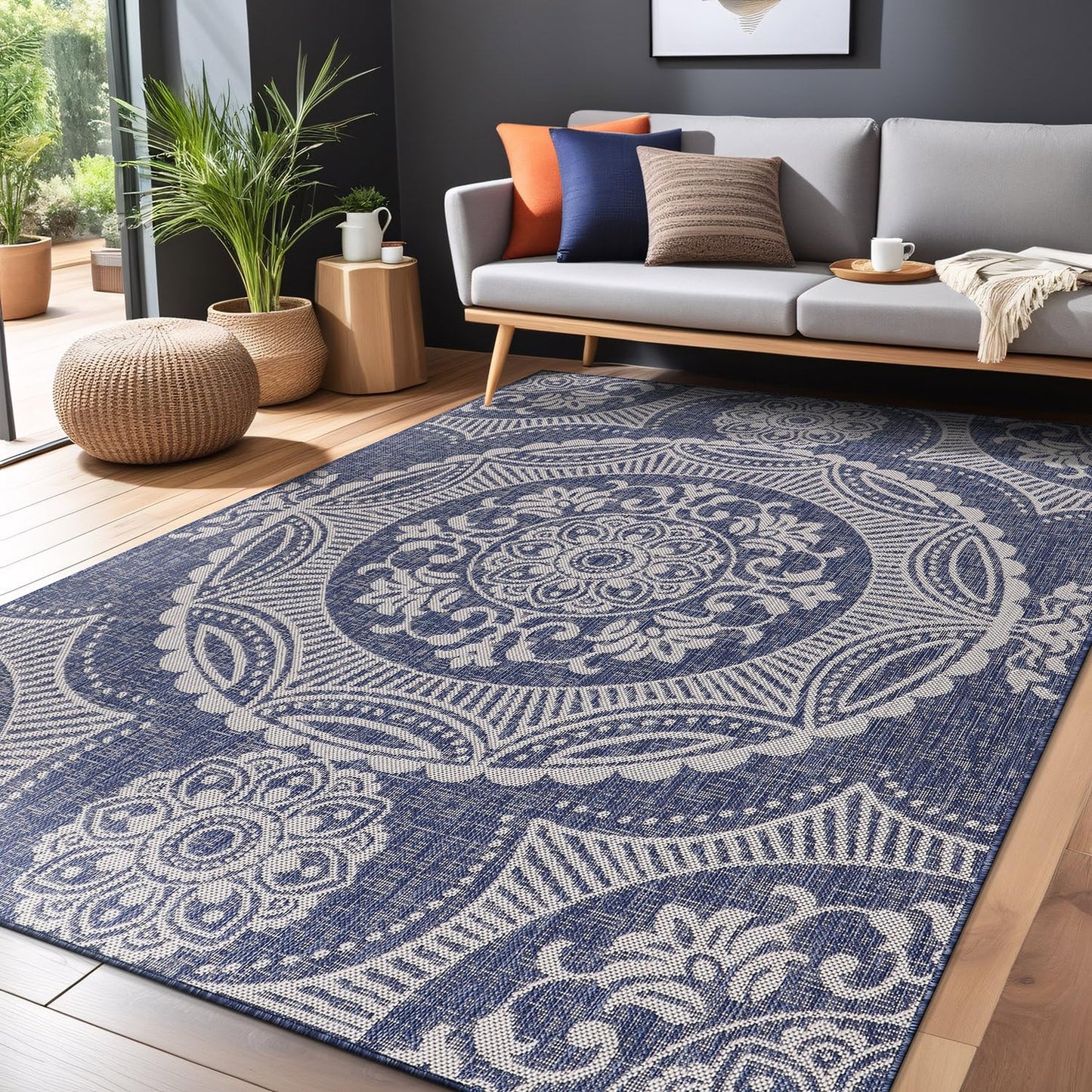 Luul Home Medallion Outdoor Rug 5x7 Washable Outside Carpet for Indoor Patio Porch Waterproof Easy Cleaning Non Shedding Area Rugs Blue 5 x 7