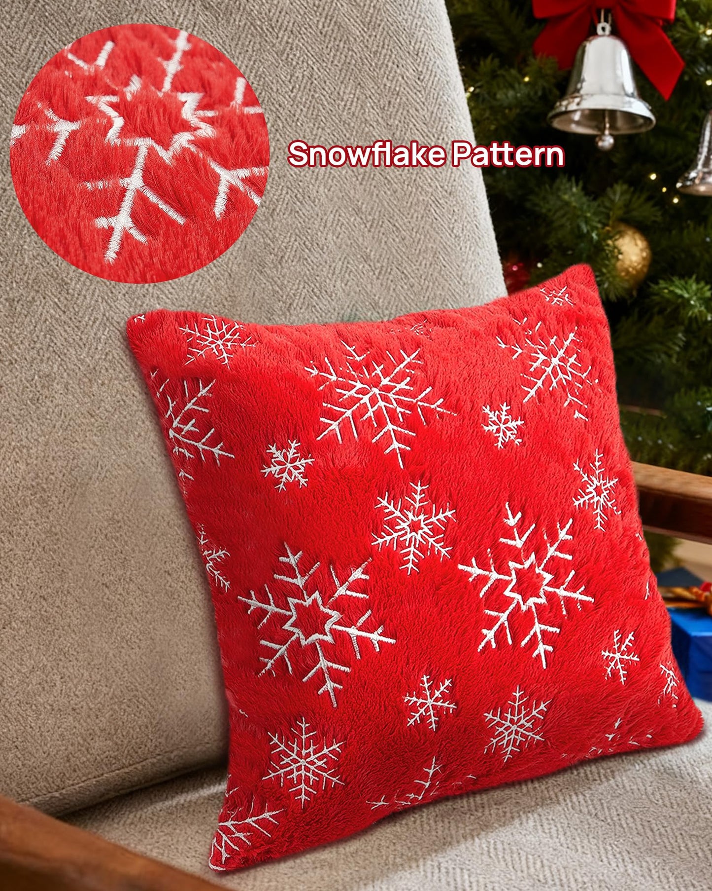 Feagar Christmas Pillow Covers 18x18 2-Pack, Xmas Decorations Soft Plush Faux Fur Wool Snowflake Throw Pillow Cases Holiday Festivals Winter Home Decor for Sofa Bedroom Living Room