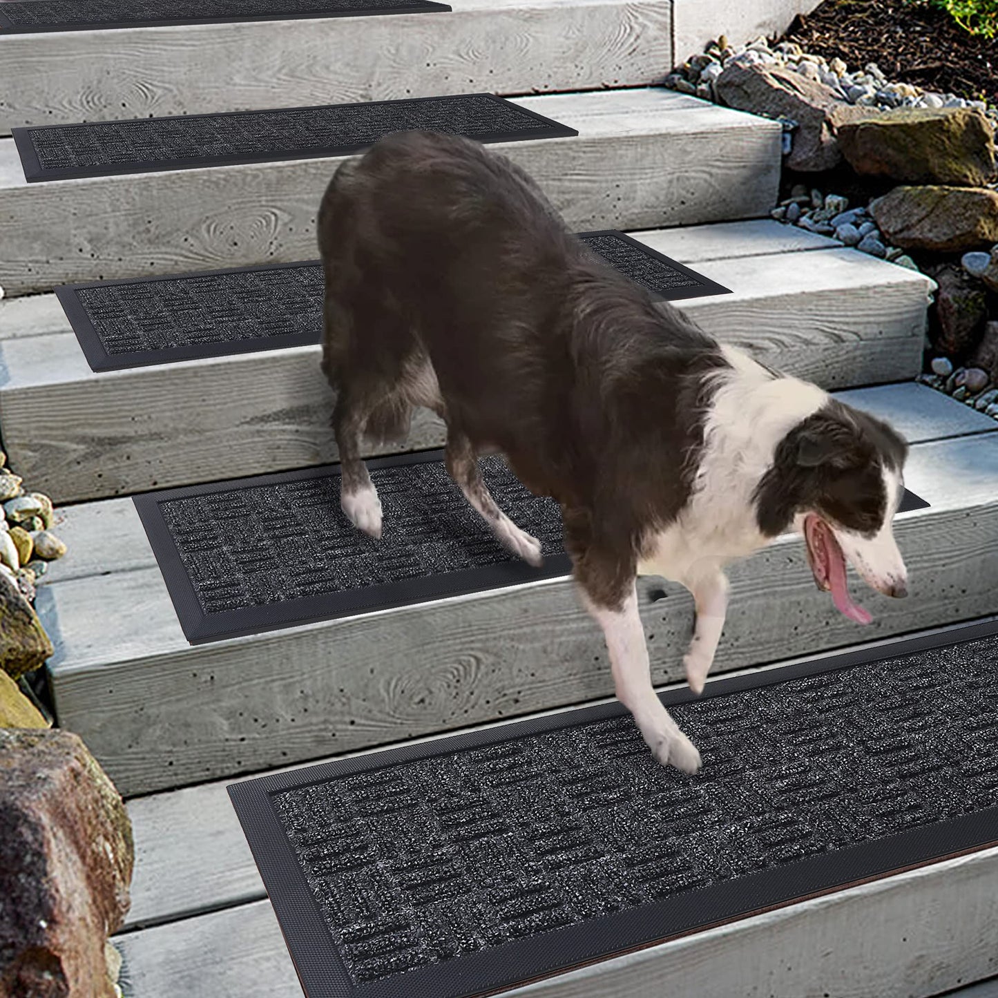 Aucuda 2pcs 8.5" x 30" Stair Treads Outdoor for Elders and Dogs on Wooden Steps, Non Slip Stair Runner Rug Heat Insulation Rubber Backing, Gray Staircase Mat Carpet for Indoor Grip Farmhouse.