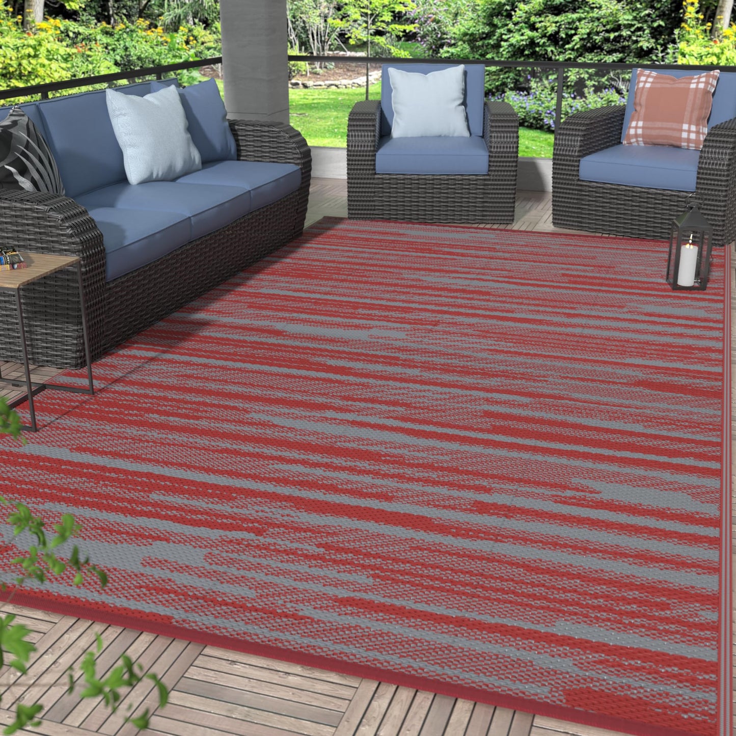 GENIMO Outdoor Rug for Patio Clearance, 6'x9' Waterproof Camping Mat, Reversible Plastic Straw Rugs for RV, Camper, Balcony, Backyard, Picnic, Deck (Red Grey)