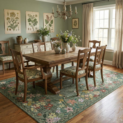 Floral 5x7 Green Area Rug Machine Washable Soft Print Boho Carpet Non Slip Rugs Low Pile Flower Area Rugs for Living Room Bedroom Nursery Kitchen Dining Room Indoor-Green