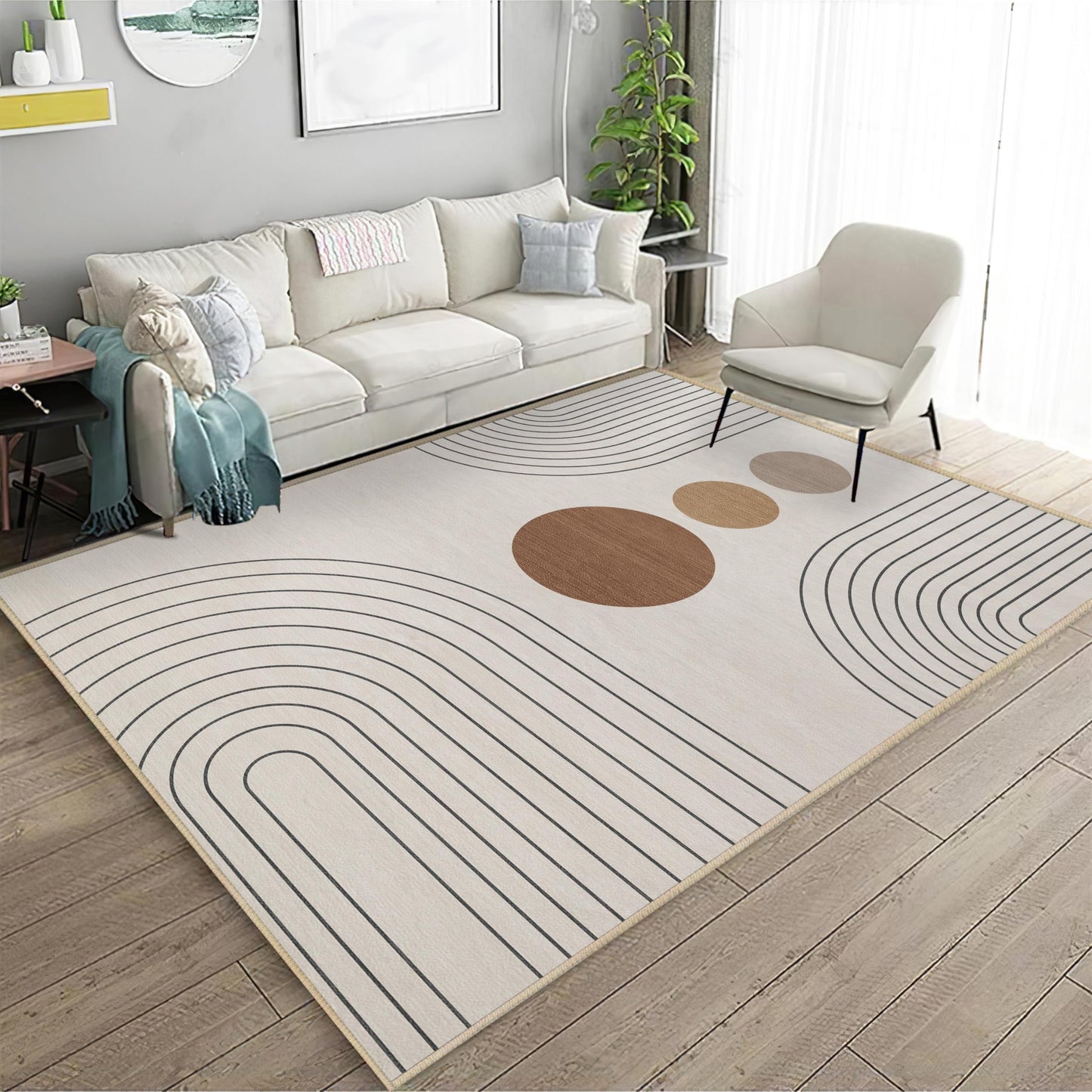 Boho Rug 3x5 Modern Geometric Minimalist Abstract Line Area Rug for Entryway Living Room Neutral Beige Mid Century Modern Machine Washable Non-Slip Printed Low-Pile Floor Carpet for Kitchen Bedroom