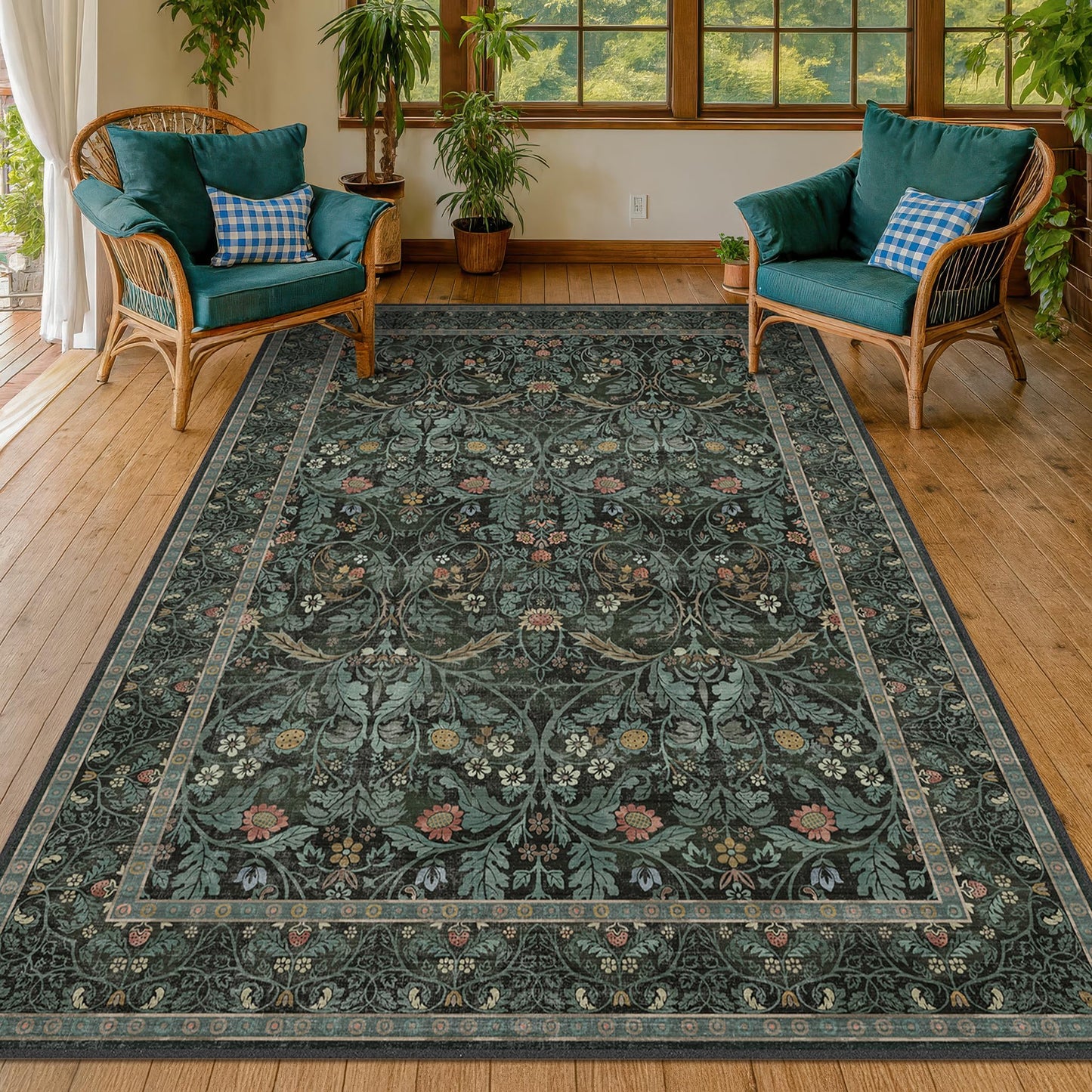 Washable Rugs for Living Room Dining Room 6x9 Stain Resistant - Non Skid Floral Area Rug, Low Pile & Soft Bedroom Under Bed Carpet, Botanical Funky Dark Green Mats