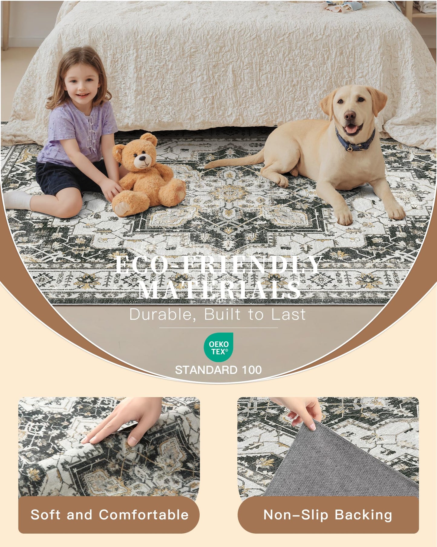 Madane Runner Rug 2x8, Washable Hallway Runner Rugs, Non-Slip Low-Pile Soft Kitchen Rug Runner Laundry Room Rug, Vintage Throw Entry Foyer Mat for Entrance Living Room (Black, 2 x 8)
