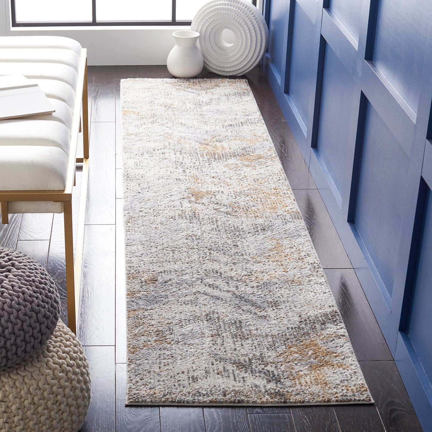 SAFAVIEH Princeton Collection Runner Rug - 2' x 8', Ivory & Grey, Boho Tribal Distressed Viscose Design, Ideal for High Traffic Areas in Living Room, Bedroom (PRN535A)
