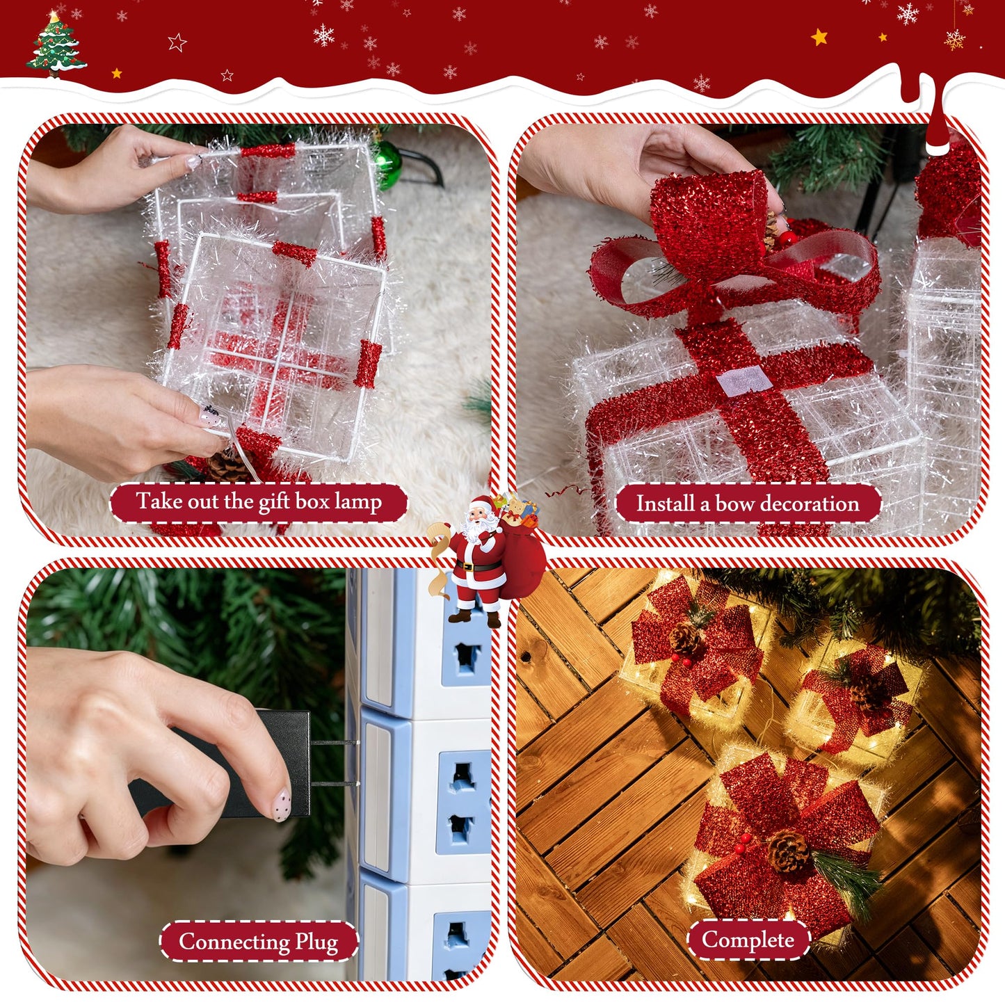 Ccinny Christmas Decorations, Set of 3 Christmas Lighted Gift Boxes, Pre-lit 60 LED Light Up Present Boxes Warm White Xmas Ornaments for Indoor Outdoor Yard Lawn Home Decor (Red Bow)