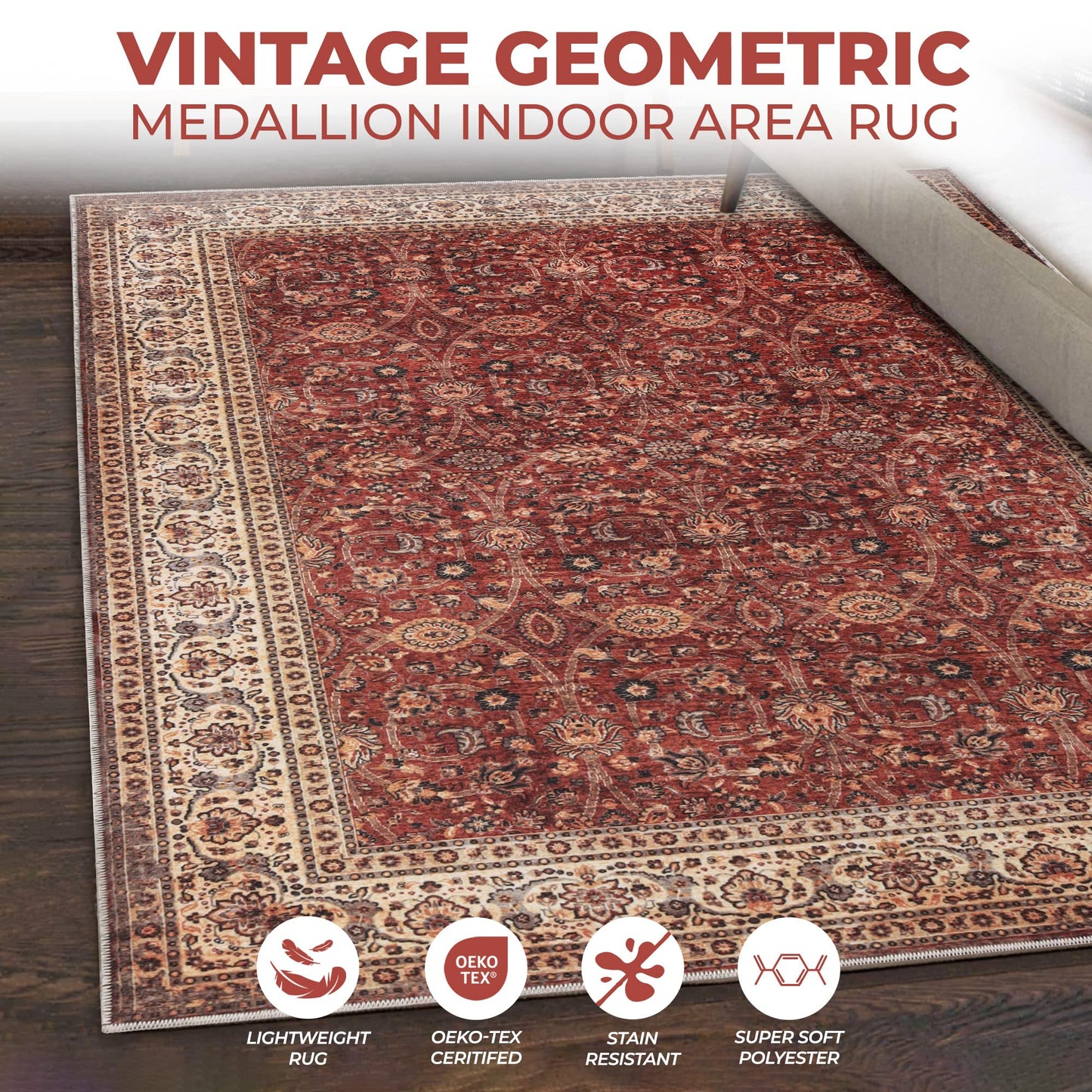 Superior Boho Floral Medallion Washable Rug, Non-Skid Backing, Pet & Kid Friendly, Easy Care, Non-Slip Rugs for Living Room, Kitchen, Bedroom, Low Pile Area Rug, Toucan Collection, 9' x 12', Beige