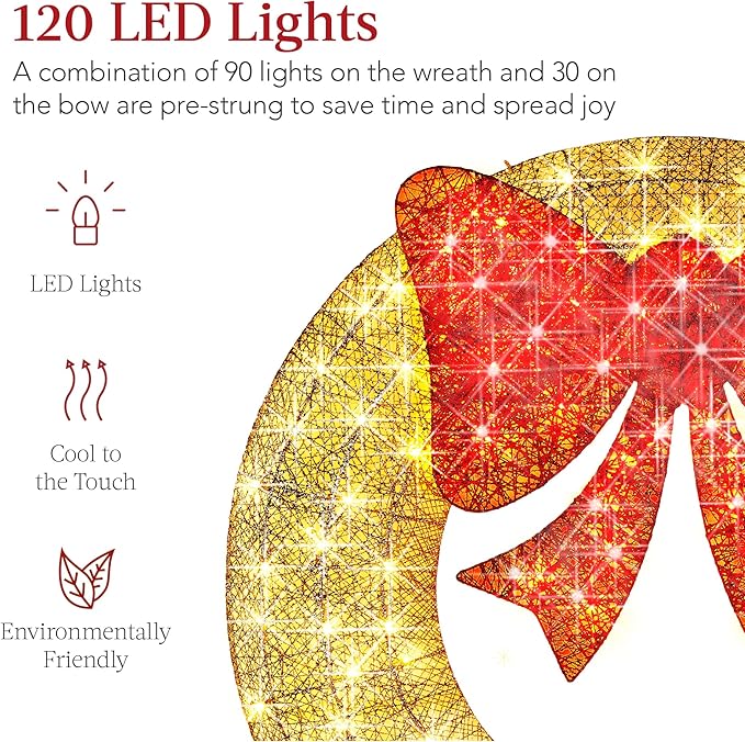 Best Choice Products 36in Pre-Lit Outdoor Christmas Wreath Decoration, LED Metal Holiday Decor for Home w/ 120 Lights, Bow - Gold/Red