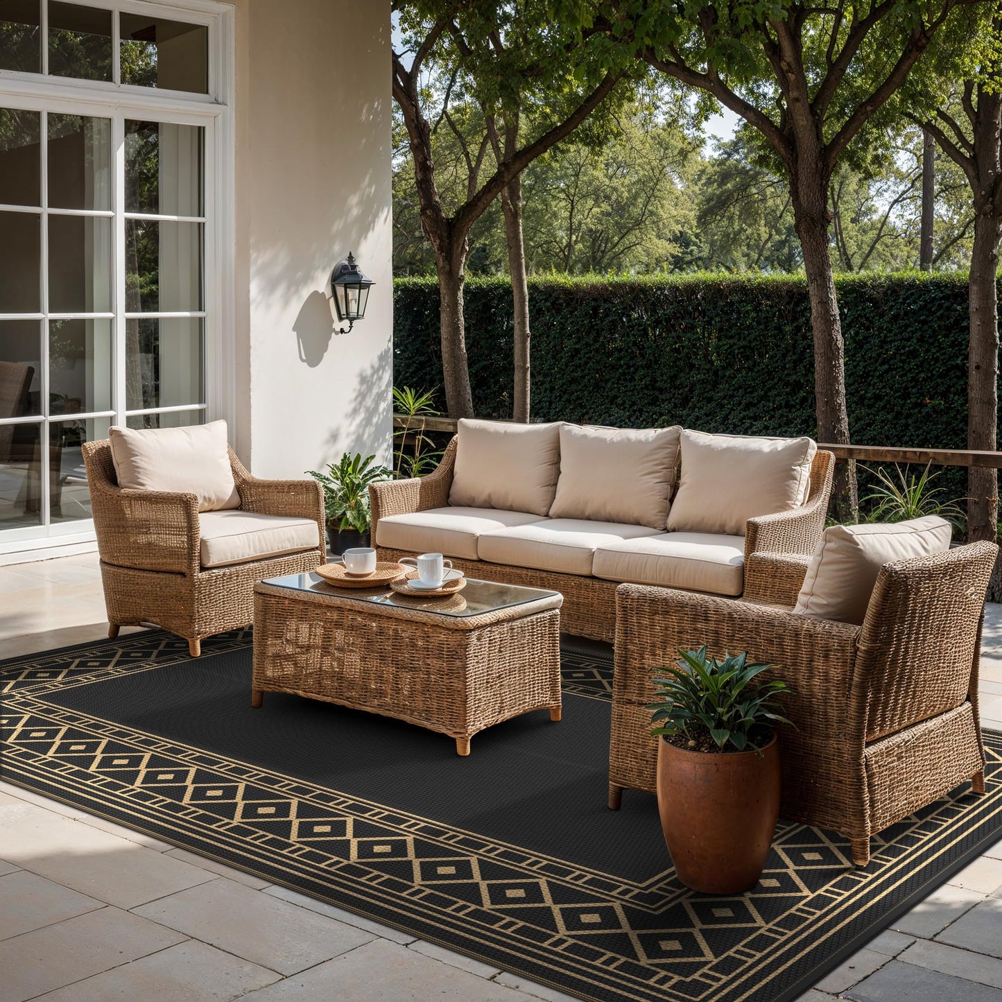 GENIMO Outdoor Rug Waterproof 10'x14' for Patio, Foldable Reversible Plastic Straw Carpet for Travel Trailers, Outside Area Mat for Rv, Deck, Picnic, Porch, Camper, Balcony, Beach, Black & Brown