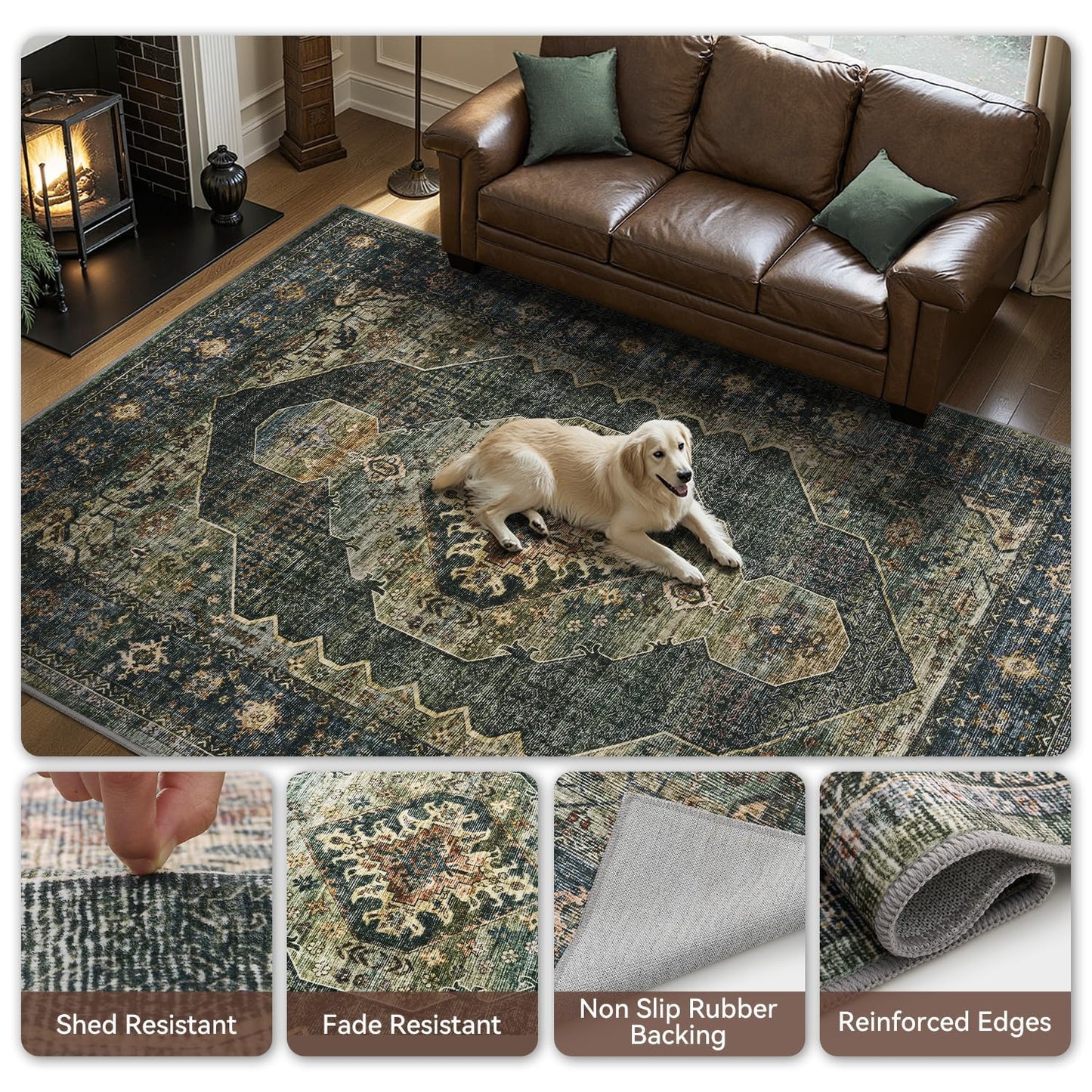 Engiw Olive Green 8x10 Area Rugs for Living Room Bedroom Rug Washable Vintage Neutral Farmhouse Rug Carpet Dining Room Rugs Office Retro Oriental Easy Clean Non Slip Large