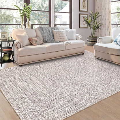 ROYHOME 9x12 Area Rug Large Machine Washable Rug for Living Room Print Braided Accent Rug Stain Resistant Non-Slip Carpet Farmhouse Solid Printed Textured Floor Cover for Home Decor, Beige/Grey